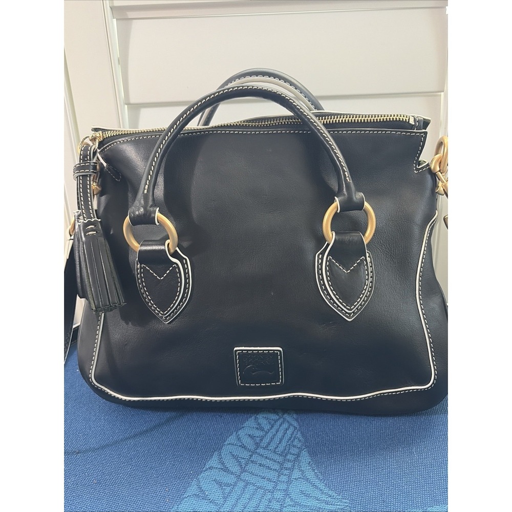 Dooney & Bourke Florentine Edge Medium Satchel in Black W/ White Trim
